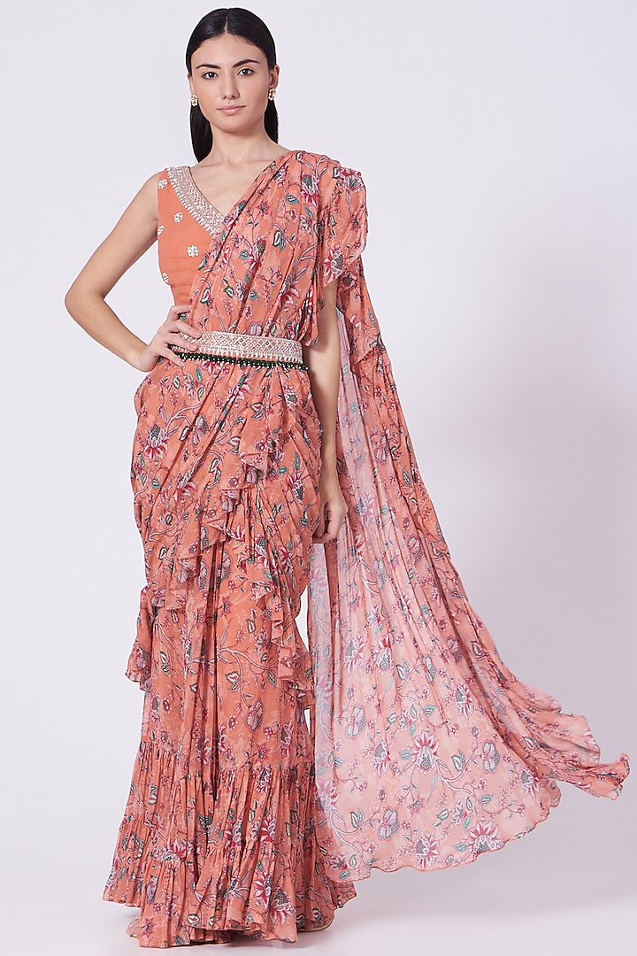 Coral Georgette Printed Frilled Saree Set by Chhavvi Aggarwal
