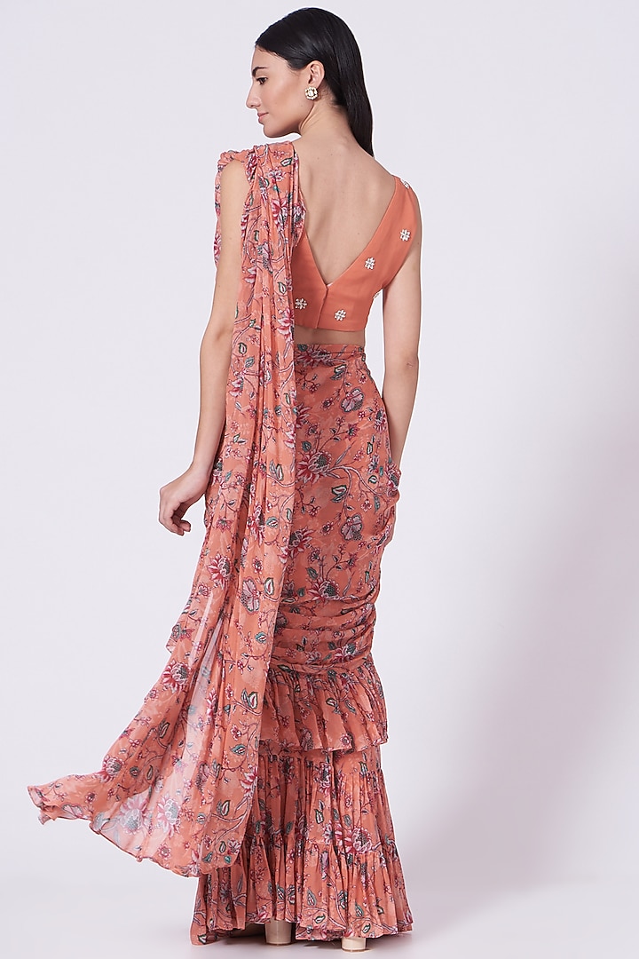 Coral Georgette Printed Frilled Wedding Saree Set by Chhavvi Aggarwal at Pernia's Pop Up Shop