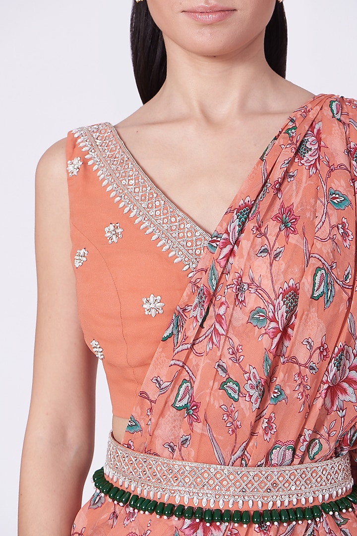 Coral Georgette Printed Frilled Wedding Saree Set by Chhavvi Aggarwal at Pernia's Pop Up Shop