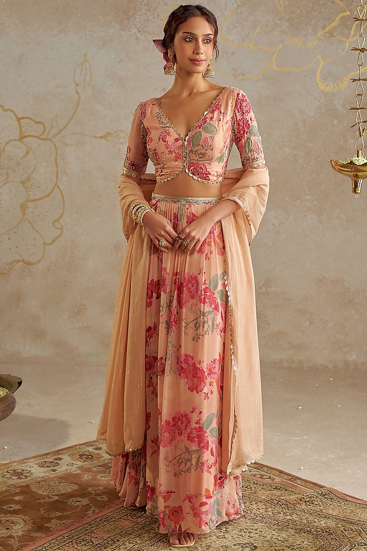 Beige Georgette Printed Lehenga Set by Chhavvi Aggarwal at Pernia's Pop Up Shop