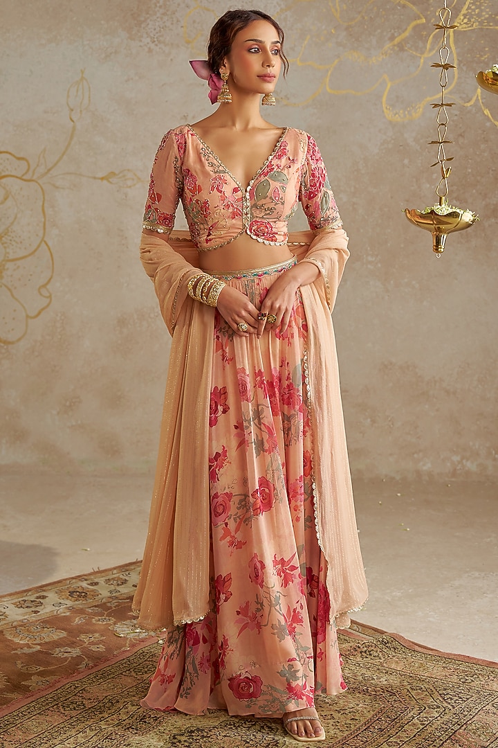 Beige Georgette Printed Wedding Lehenga Set by Chhavvi Aggarwal at Pernia's Pop Up Shop