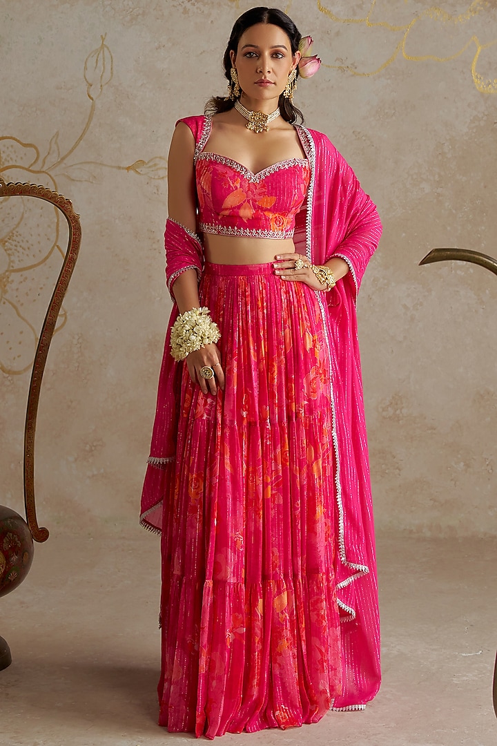 Pink Lurex Georgette Printed Lehenga Set by Chhavvi Aggarwal