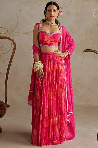 Pink Lurex Georgette Printed Lehenga Set by Chhavvi Aggarwal