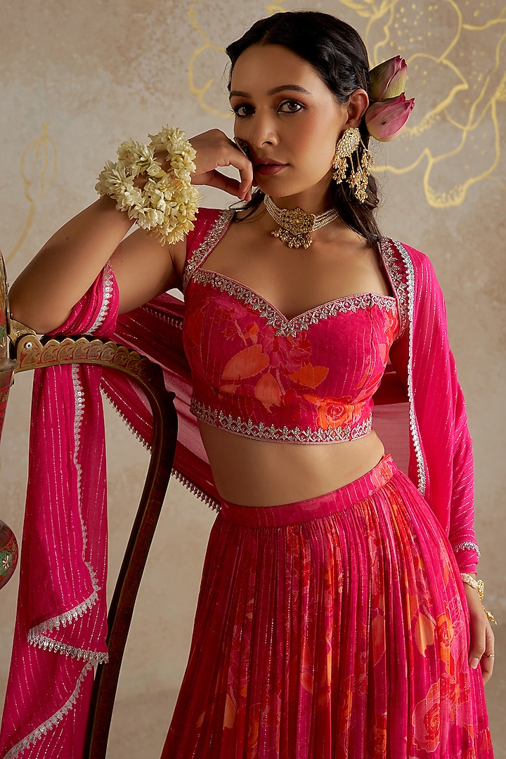 Pink Lurex Georgette Printed Wedding Lehenga Set by Chhavvi Aggarwal at Pernia's Pop Up Shop