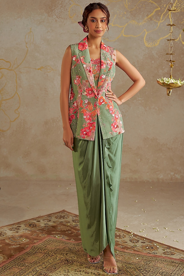 Sage Green Satin Draped Skirt Set by Chhavvi Aggarwal at Pernia's Pop Up Shop