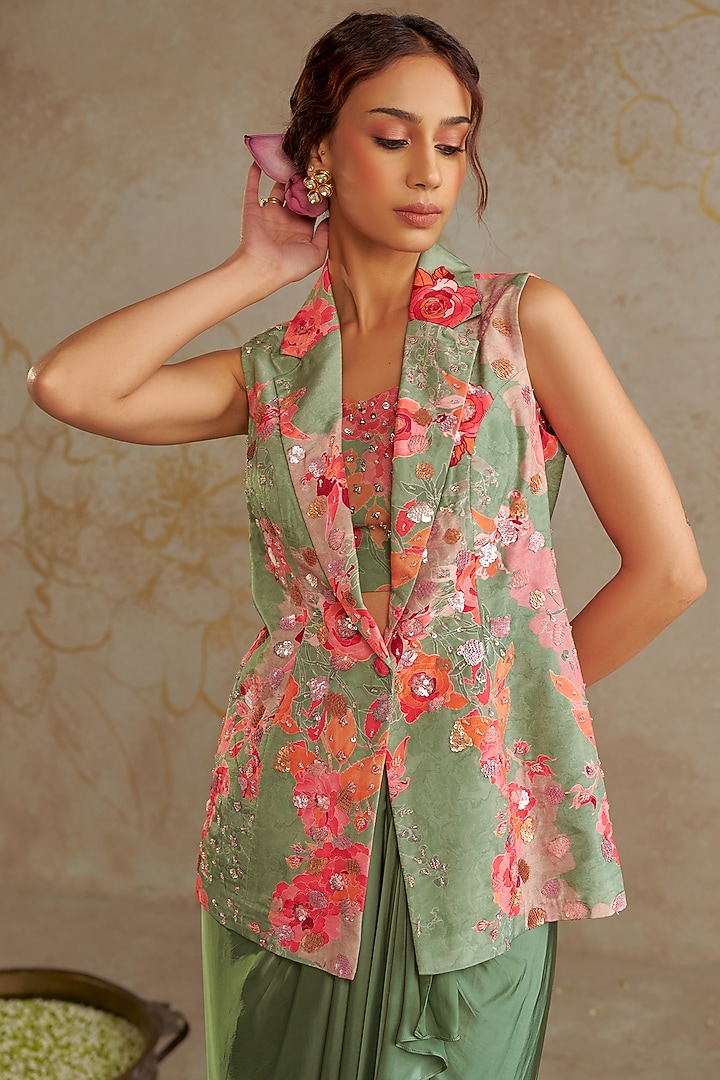 Sage Green Satin Draped Skirt Set by Chhavvi Aggarwal at Pernia's Pop Up Shop