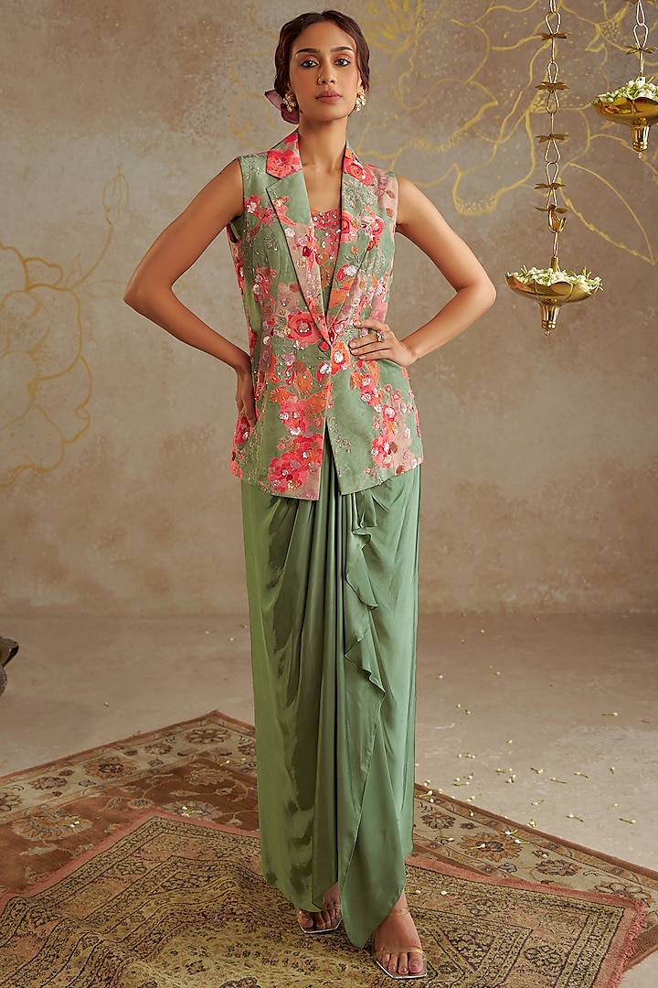 Sage Green Satin Draped Skirt Set by Chhavvi Aggarwal at Pernia's Pop Up Shop