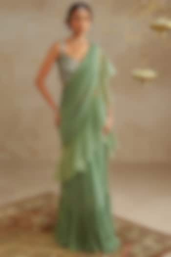 Sage Green Georgette & Organza Frilled Pre-Draped Saree Set by Chhavvi Aggarwal at Pernia's Pop Up Shop