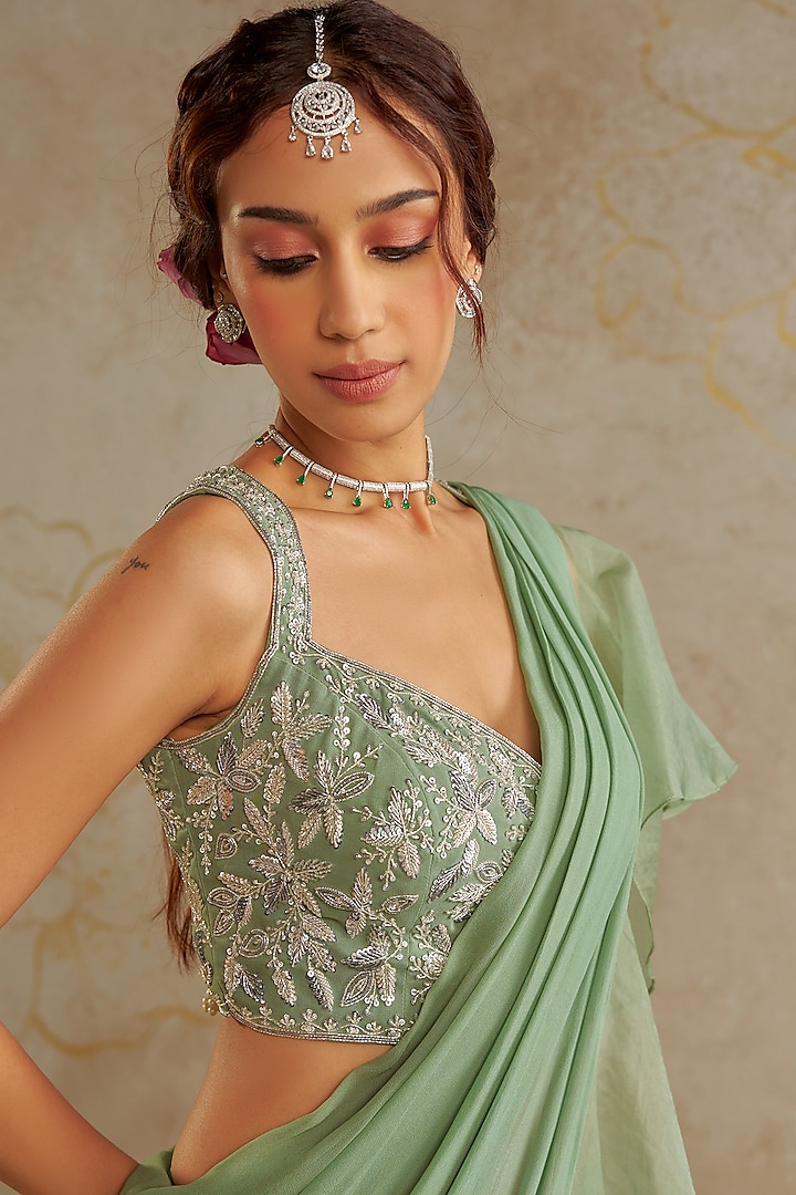 Sage Green Georgette & Organza Frilled Pre-Draped Wedding Saree Set by Chhavvi Aggarwal at Pernia's Pop Up Shop