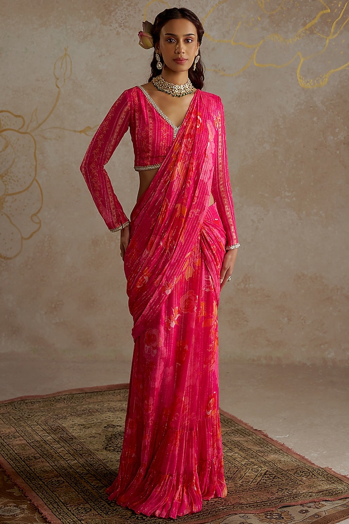 Hot Pink Georgette Printed Pre-Stitched Saree Set by Chhavvi Aggarwal at Pernia's Pop Up Shop