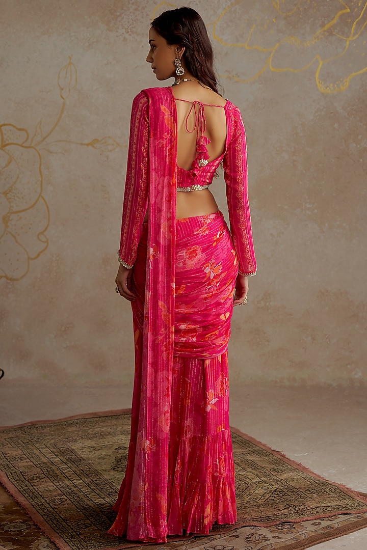 Hot Pink Georgette Printed Pre-Stitched Party Wear Saree Set by Chhavvi Aggarwal at Pernia's Pop Up Shop