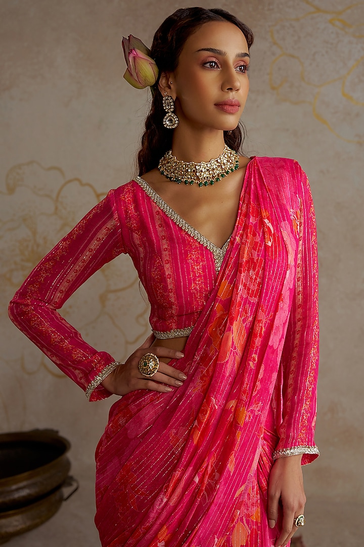 Hot Pink Georgette Printed Pre-Stitched Party Wear Saree Set by Chhavvi Aggarwal at Pernia's Pop Up Shop