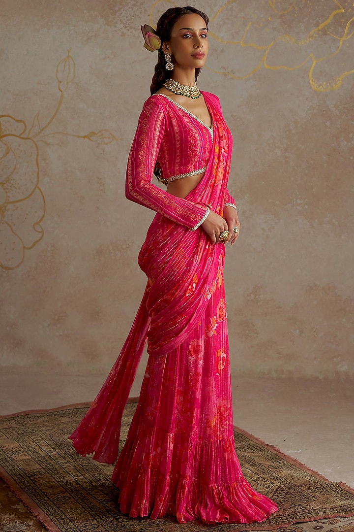 Hot Pink Georgette Printed Pre-Stitched Party Wear Saree Set by Chhavvi Aggarwal at Pernia's Pop Up Shop