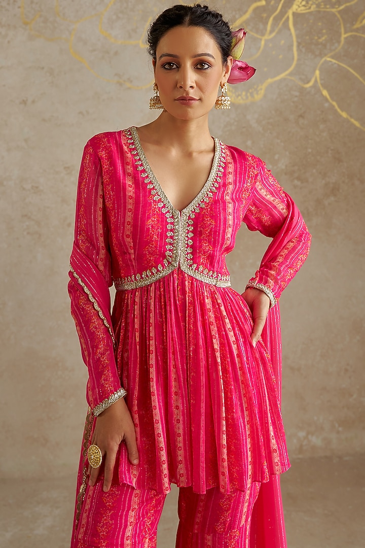 Pink Georgette Printed Party Wear Sharara Set by Chhavvi Aggarwal at Pernia's Pop Up Shop