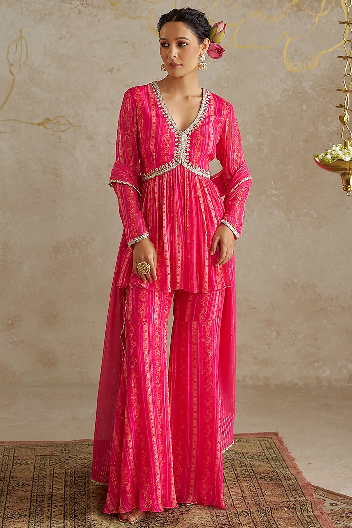 Pink Georgette Printed Party Wear Sharara Set by Chhavvi Aggarwal at Pernia's Pop Up Shop