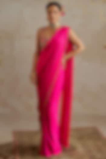 Hot Pink Satin Pre-Stitched Saree Set by Chhavvi Aggarwal at Pernia's Pop Up Shop