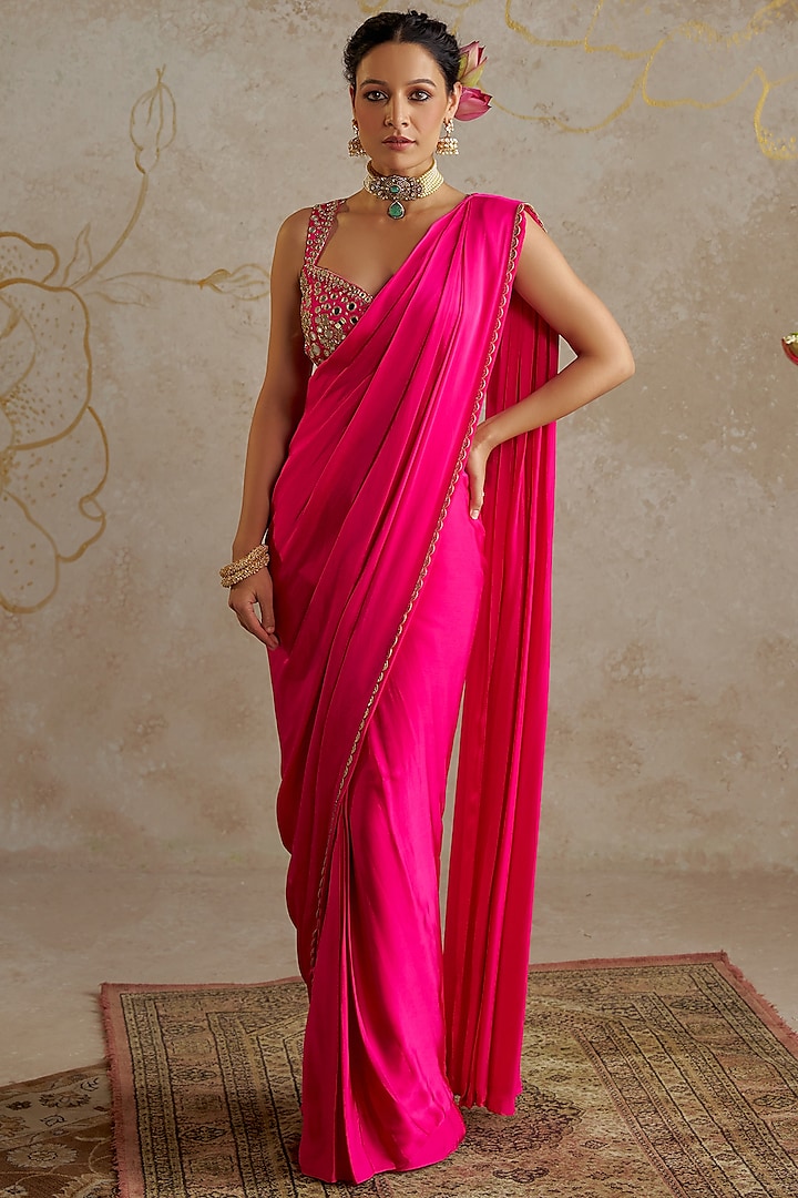 Hot Pink Satin Pre-Stitched Saree Set by Chhavvi Aggarwal at Pernia's Pop Up Shop