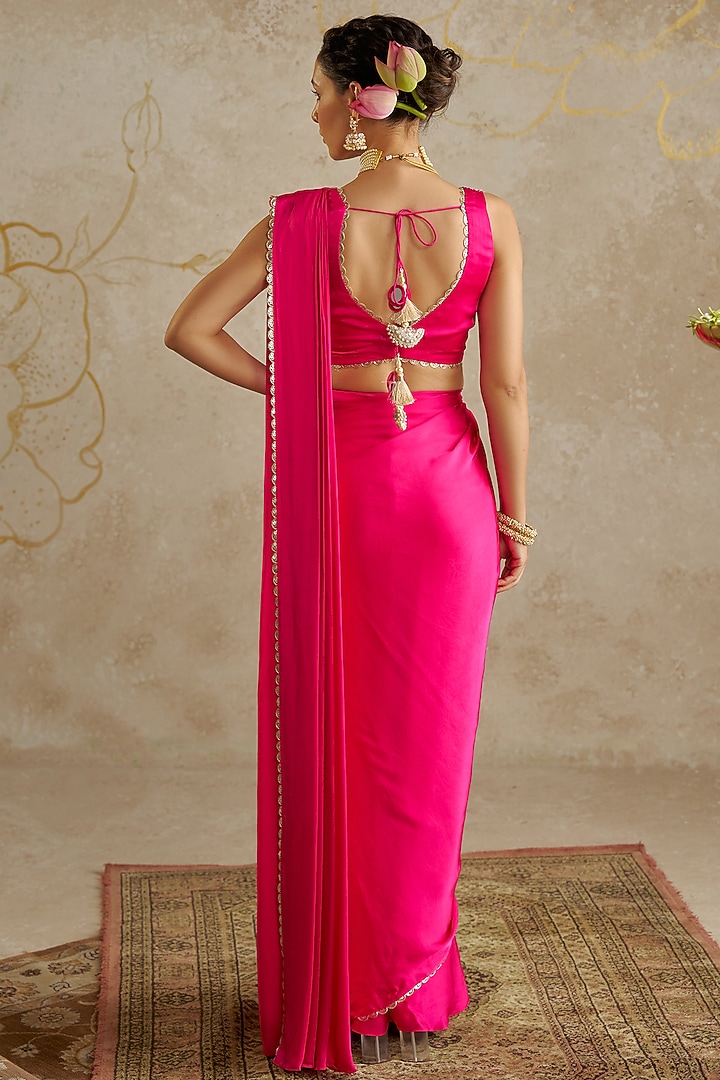 Hot Pink Satin Pre-Stitched Wedding Saree Set by Chhavvi Aggarwal at Pernia's Pop Up Shop