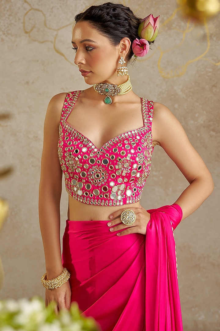 Hot Pink Satin Pre-Stitched Wedding Saree Set by Chhavvi Aggarwal at Pernia's Pop Up Shop