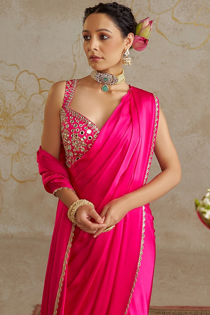 Hot Pink Satin Pre-Stitched Wedding Saree Set by Chhavvi Aggarwal at Pernia's Pop Up Shop