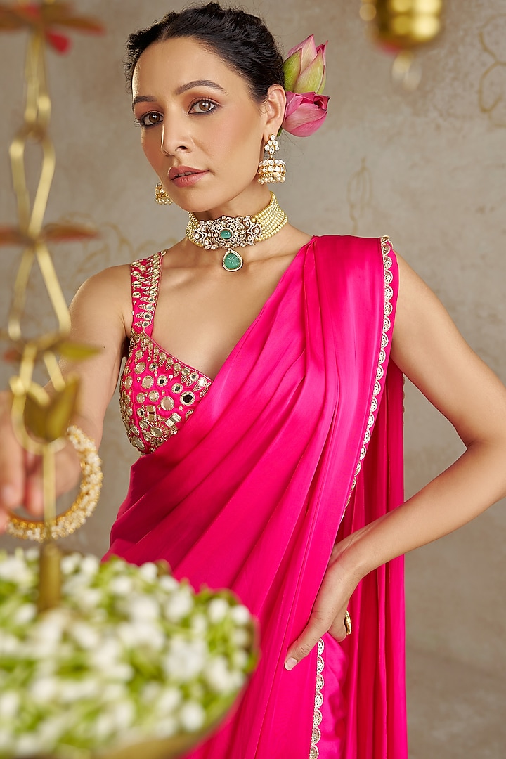 Hot Pink Satin Pre-Stitched Wedding Saree Set by Chhavvi Aggarwal at Pernia's Pop Up Shop