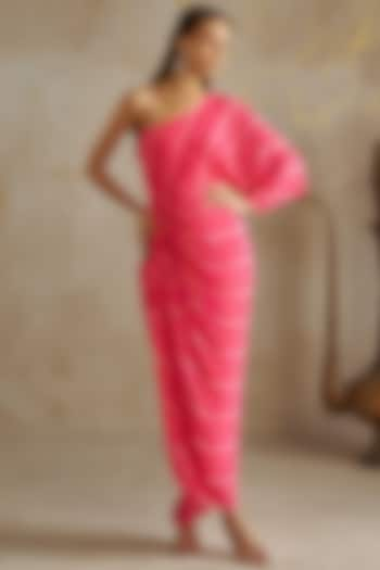 Pink Crepe Printed One-Shoulder Dress by Chhavvi Aggarwal at Pernia's Pop Up Shop