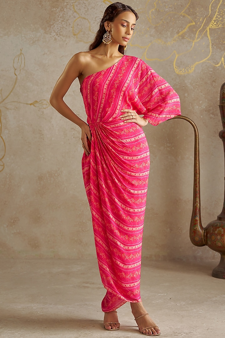 Pink Crepe Printed One-Shoulder Dress by Chhavvi Aggarwal at Pernia's Pop Up Shop