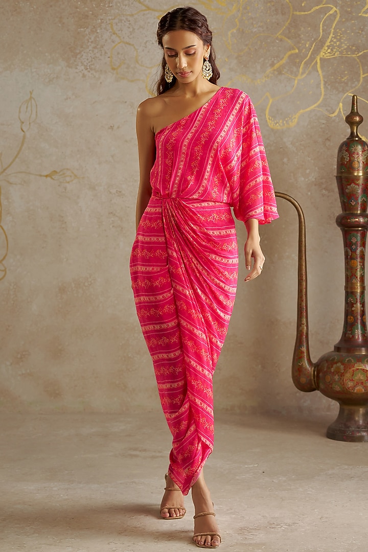 Pink Crepe Printed One-Shoulder Vacation Dress by Chhavvi Aggarwal at Pernia's Pop Up Shop