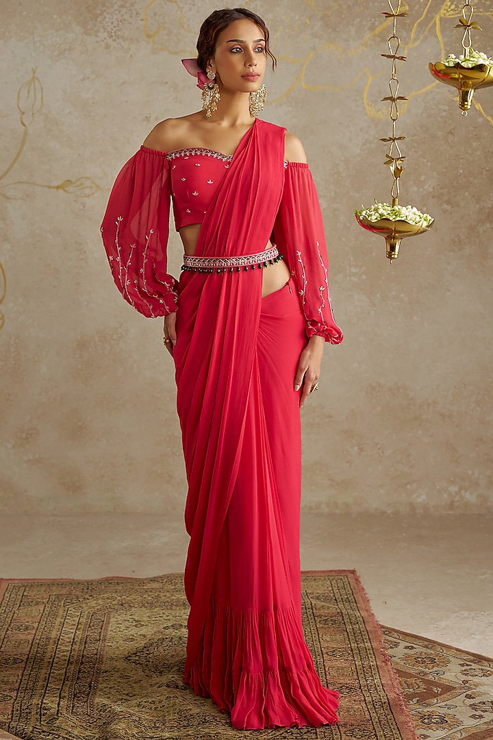 Coral Red Georgette Pre-Stitched Saree Set by Chhavvi Aggarwal at Pernia's Pop Up Shop