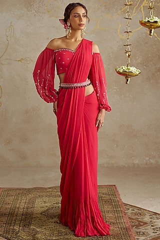 Coral Red Georgette Pre-Stitched Saree Set by Chhavvi Aggarwal