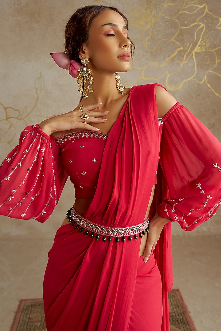 Coral Red Georgette Pre-Stitched Wedding Saree Set by Chhavvi Aggarwal at Pernia's Pop Up Shop