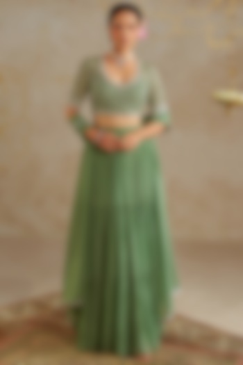 Sage Green Georgette Tiered Wedding Lehenga Set by Chhavvi Aggarwal at Pernia's Pop Up Shop