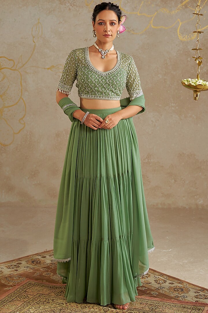 Sage Green Georgette Tiered Wedding Lehenga Set by Chhavvi Aggarwal at Pernia's Pop Up Shop