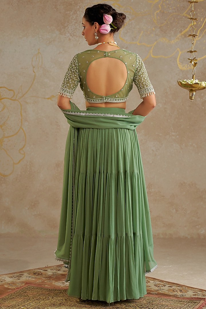 Sage Green Georgette Tiered Wedding Lehenga Set by Chhavvi Aggarwal at Pernia's Pop Up Shop