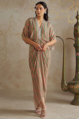 Jade Green Crepe Printed Draped Dress by Chhavvi Aggarwal