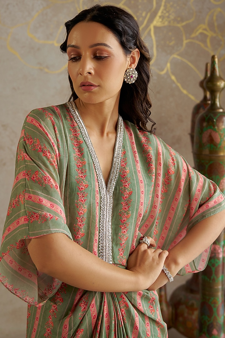 Jade Green Crepe Printed Draped Vacation Dress by Chhavvi Aggarwal at Pernia's Pop Up Shop