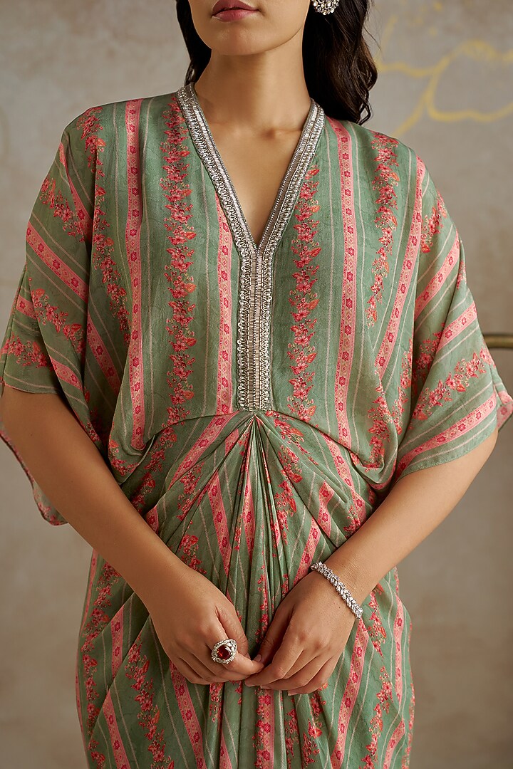 Jade Green Crepe Printed Draped Vacation Dress by Chhavvi Aggarwal at Pernia's Pop Up Shop