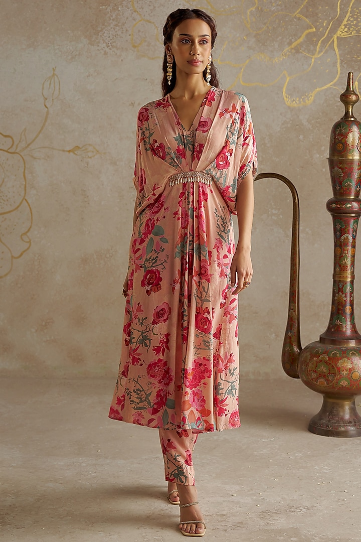 Beige Crepe Printed Kaftan Set by Chhavvi Aggarwal at Pernia's Pop Up Shop