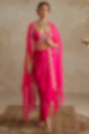 Hot Pink Satin Draped Skirt Set by Chhavvi Aggarwal