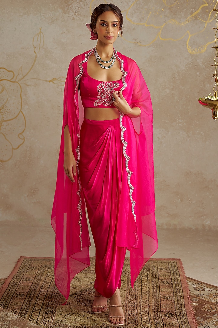 Hot Pink Satin Draped Skirt Set by Chhavvi Aggarwal