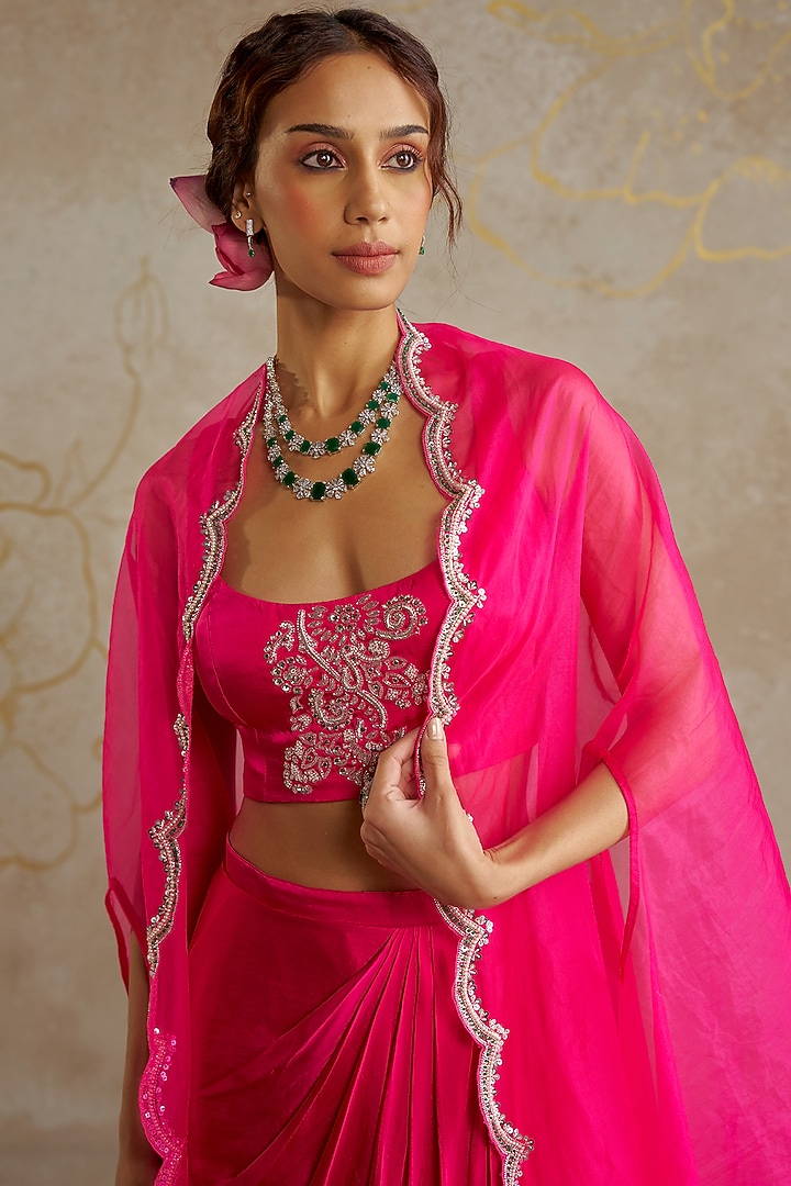 Hot Pink Satin Draped Skirt Set by Chhavvi Aggarwal at Pernia's Pop Up Shop