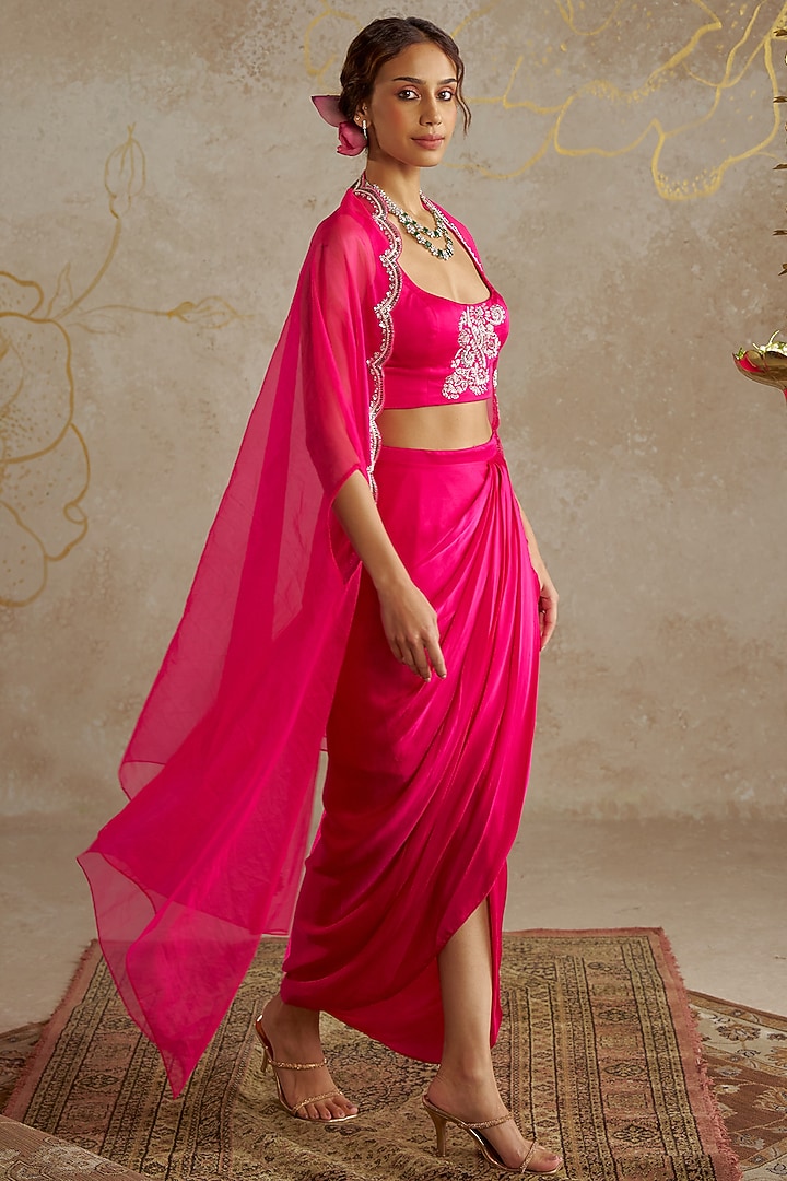 Hot Pink Satin Draped Skirt Set by Chhavvi Aggarwal at Pernia's Pop Up Shop