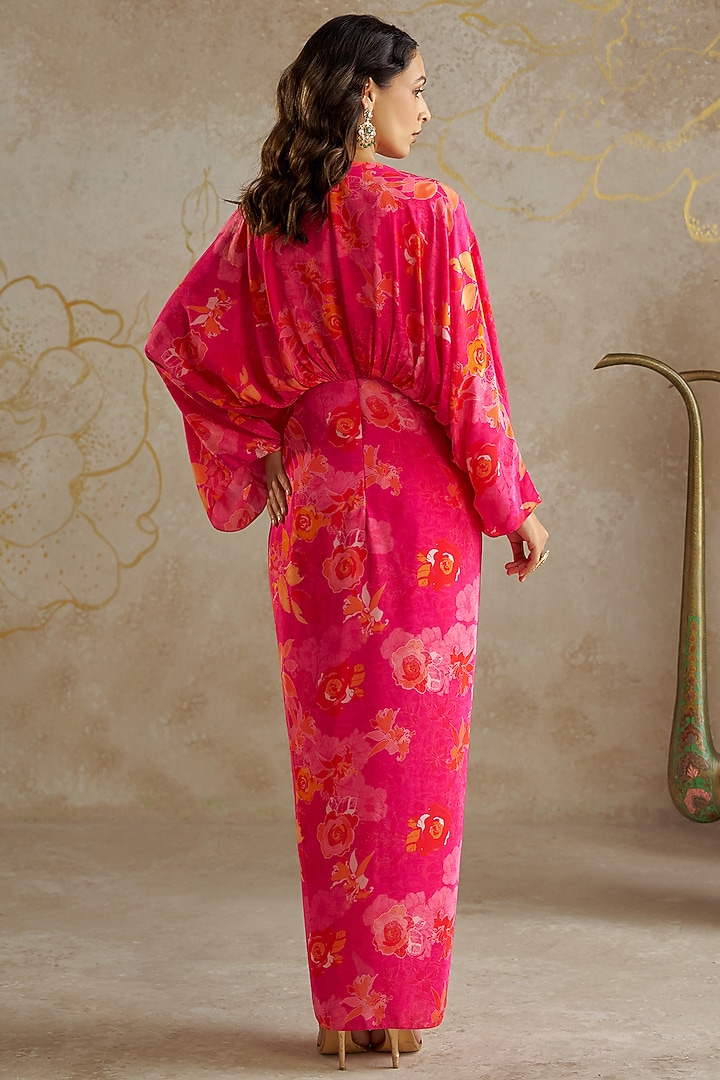 Pink Crepe Printed Draped Vacation Dress by Chhavvi Aggarwal at Pernia's Pop Up Shop