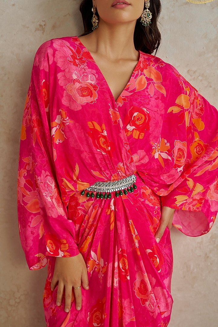 Pink Crepe Printed Draped Vacation Dress by Chhavvi Aggarwal at Pernia's Pop Up Shop