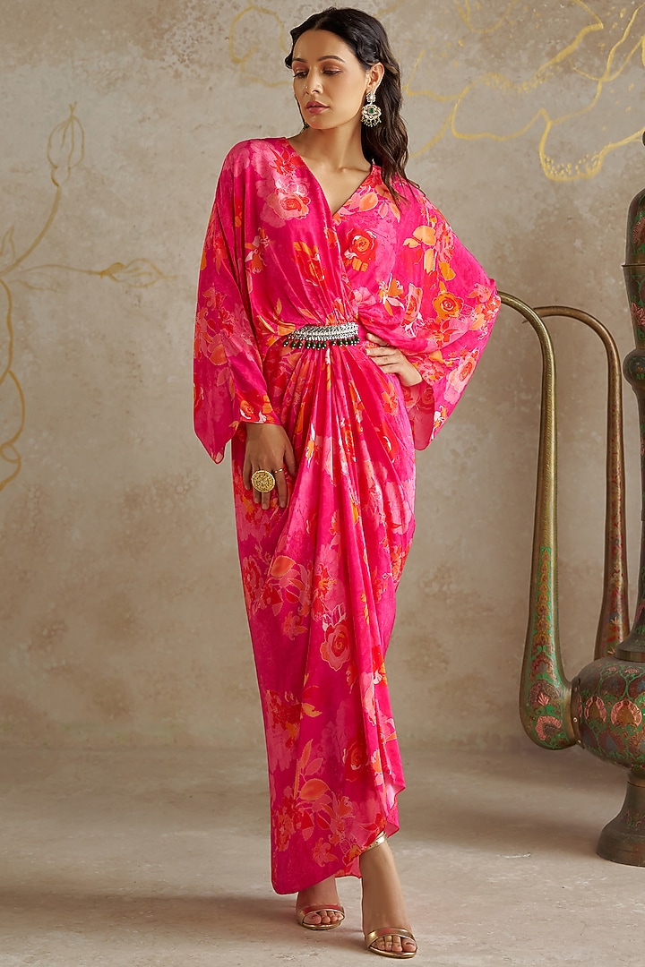 Pink Crepe Printed Draped Vacation Dress by Chhavvi Aggarwal at Pernia's Pop Up Shop