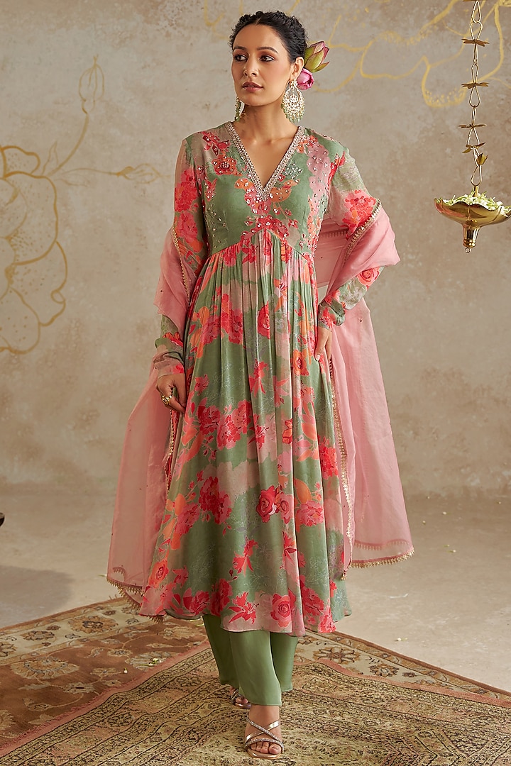 Sage Green Georgette Printed & Embroidered Anarkali Set by Chhavvi Aggarwal at Pernia's Pop Up Shop