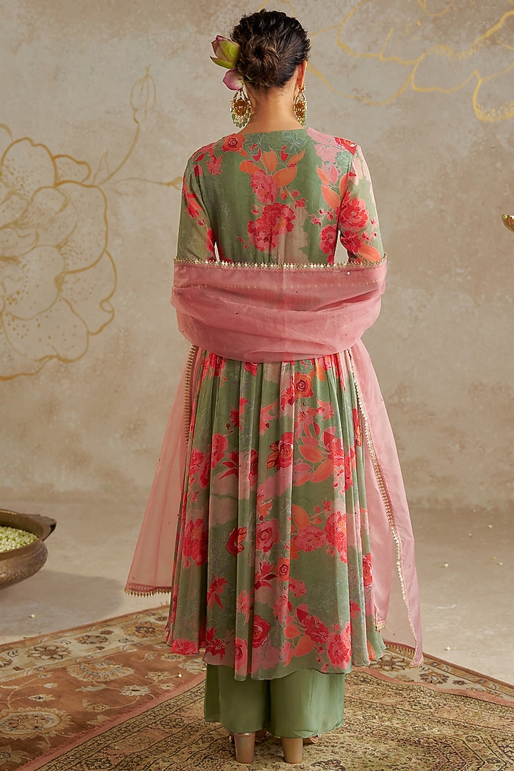 Sage Green Georgette Printed & Embroidered Wedding Anarkali Set by Chhavvi Aggarwal at Pernia's Pop Up Shop