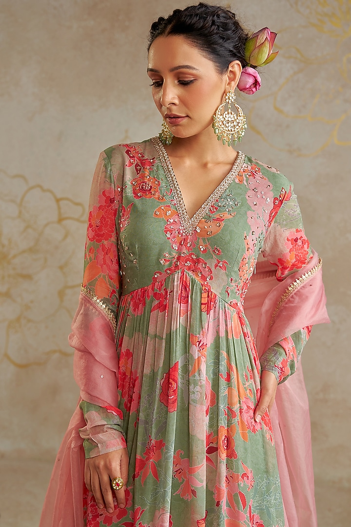 Sage Green Georgette Printed & Embroidered Wedding Anarkali Set by Chhavvi Aggarwal at Pernia's Pop Up Shop