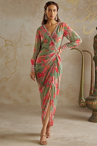 Sage Green Crepe Printed Draped Dress by Chhavvi Aggarwal