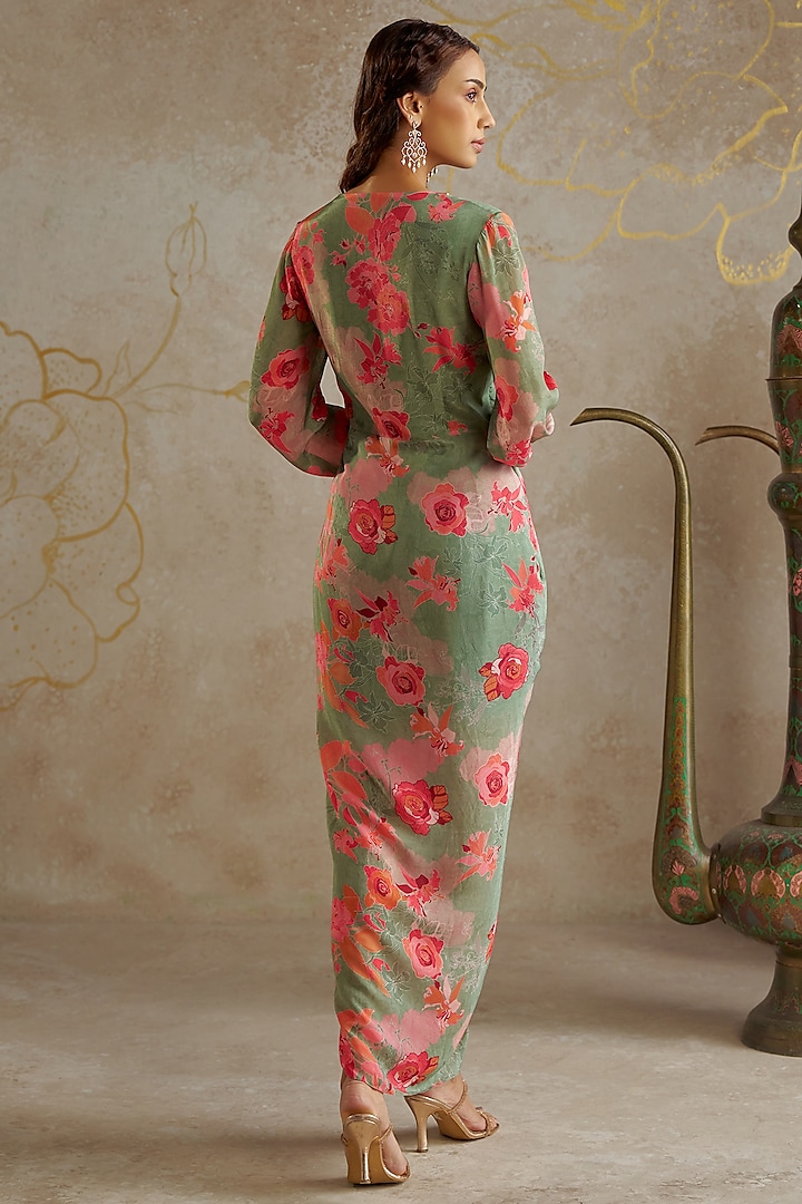 Sage Green Crepe Printed Draped Vacation Dress by Chhavvi Aggarwal at Pernia's Pop Up Shop